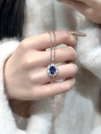 Blue Royal Oval Halo Necklace