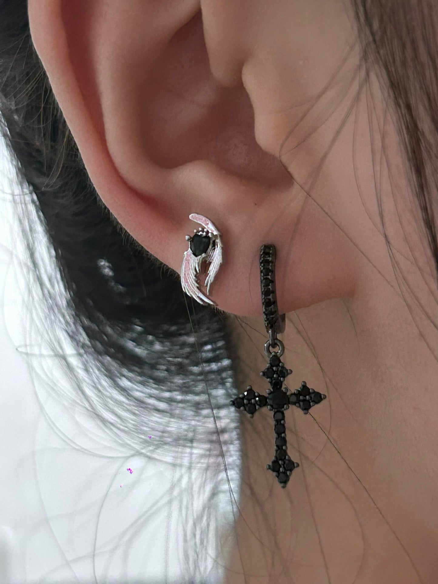 Black Crystal Wing and Cross Earring Set