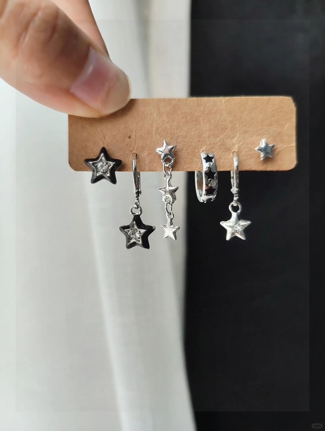 Silver Black Star Charm Huggie Earring Set