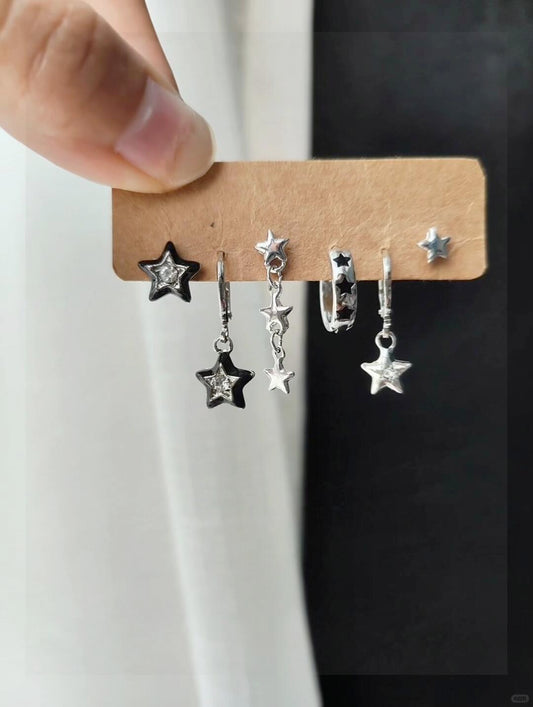 Silver Black Star Charm Huggie Earring Set