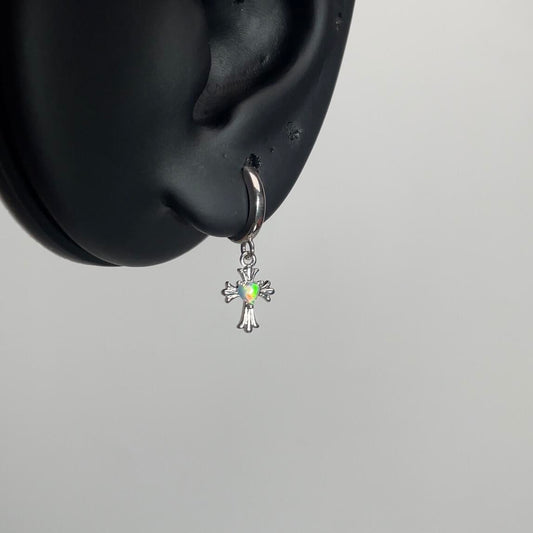 Silver Opal Heart Gothic Cross Earrings