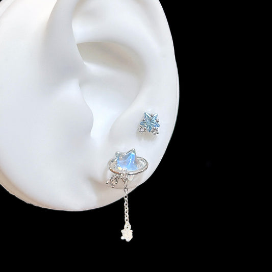 Silver Blue Star and Bear Chain Double Lobe Earring Stack