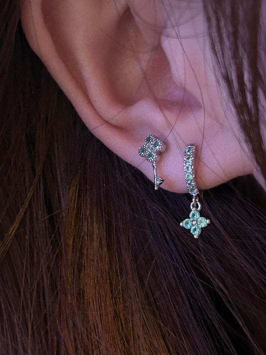 Teal Crystal Key and Flower Charm Earring Stack