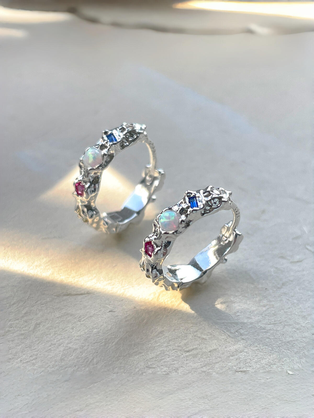 Silver Textured Multi-Stone Hoop Earrings