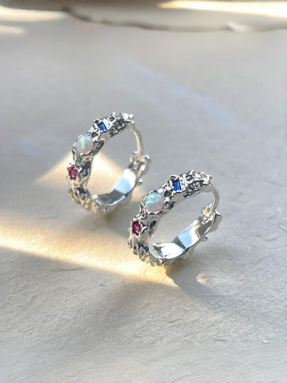 Silver Textured Multi-Stone Hoop Earrings