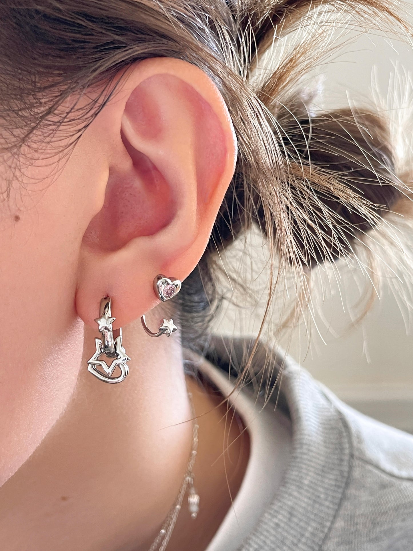 Silver Rock Hand and Pink Heart Star Double Lobe Earring Stack