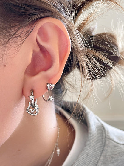 Silver Rock Hand and Pink Heart Star Double Lobe Earring Stack