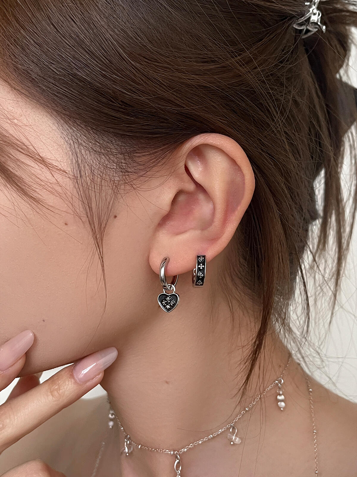 Silver Black Heart and Cross Double Lobe Earring Stack