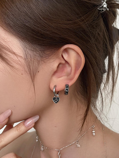 Silver Black Heart and Cross Double Lobe Earring Stack