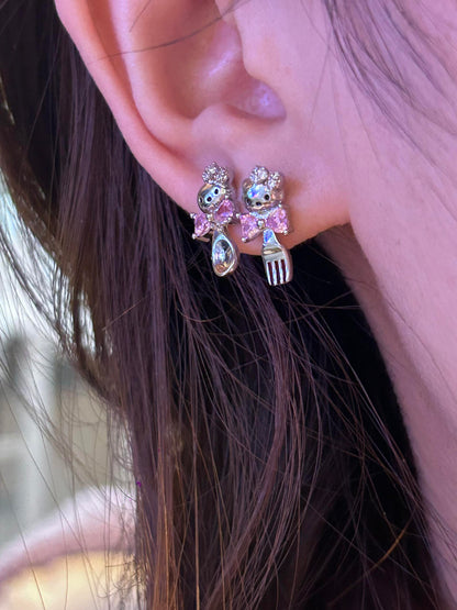 Bow Kitty Fork and Spoon Double Lobe Earring Stack