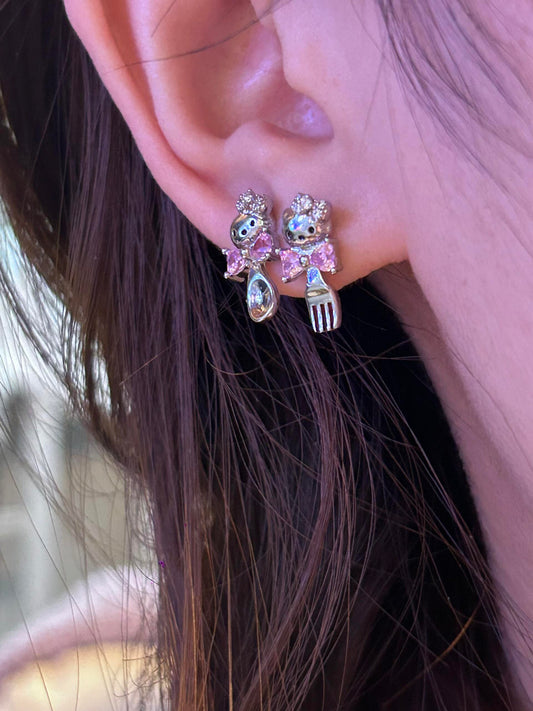 Pink Bow Kitty Fork and Spoon Double Earring Stack