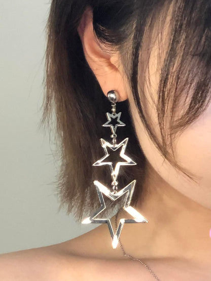 Silver Triple Star Drop Earrings