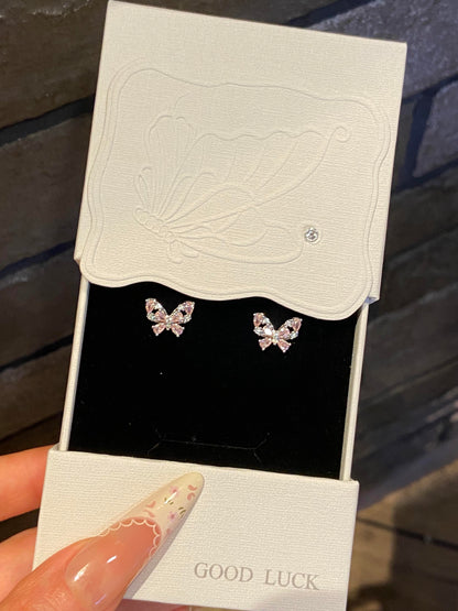 Silver Pink Crystal Butterfly Studs