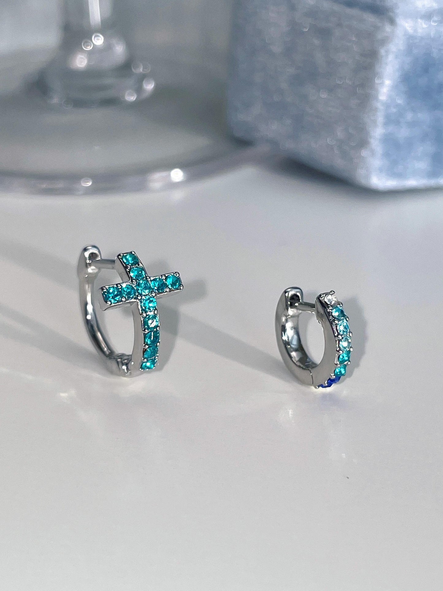 Teal Cross and Huggie Double Lobe Earring Stack