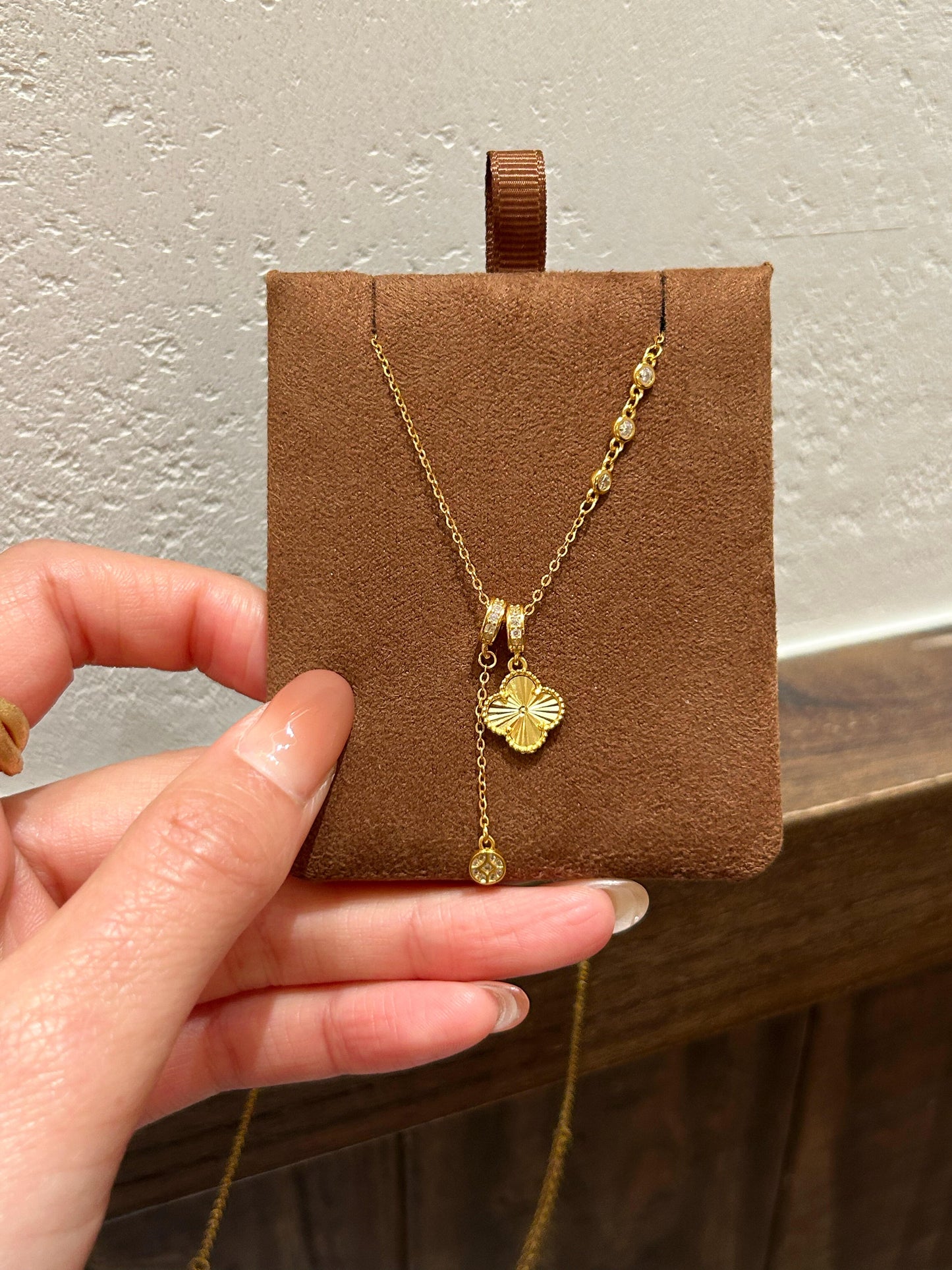 Golden Textured Clover Drop Necklace