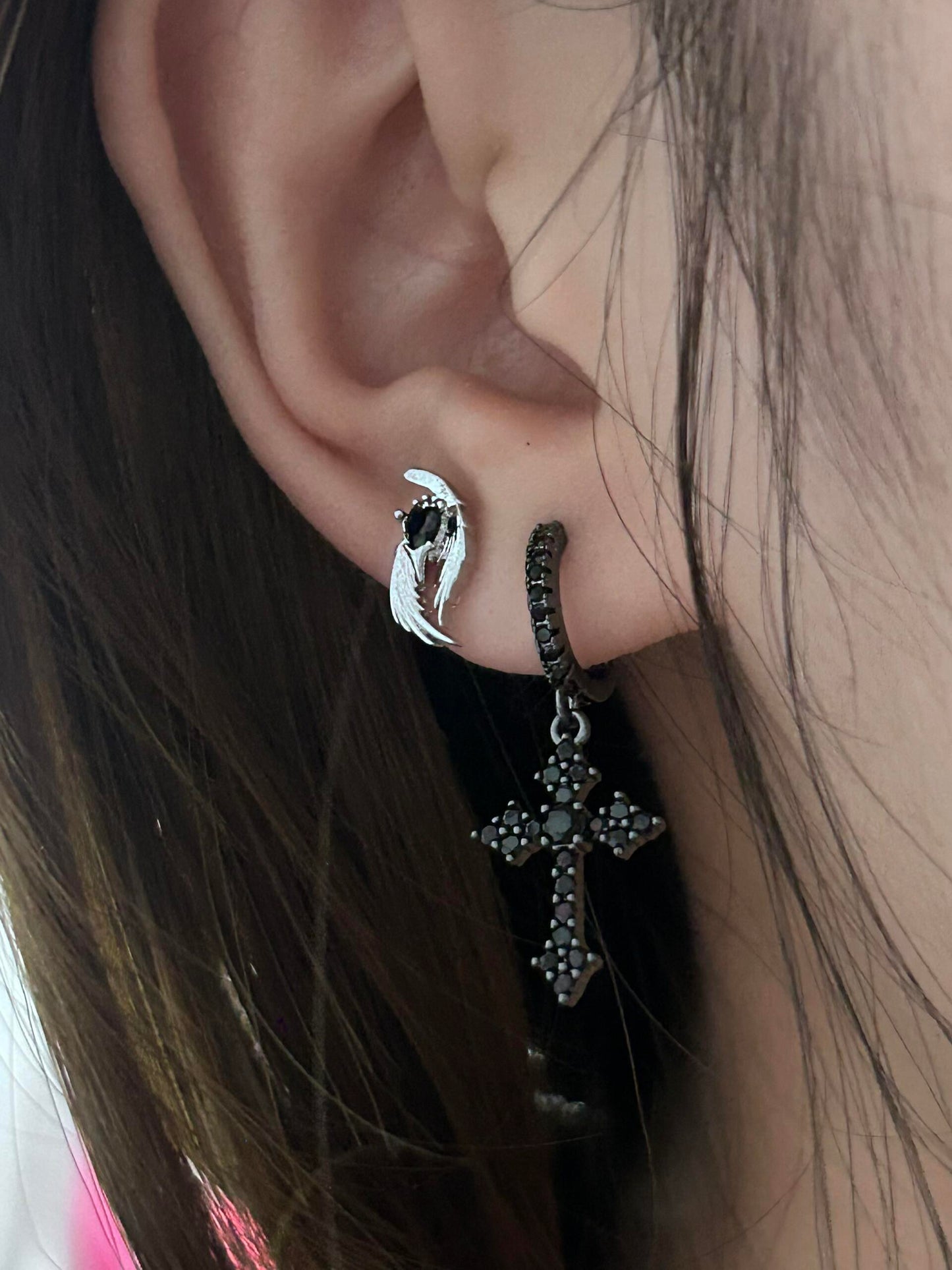 Black Crystal Wing and Cross Earring Set