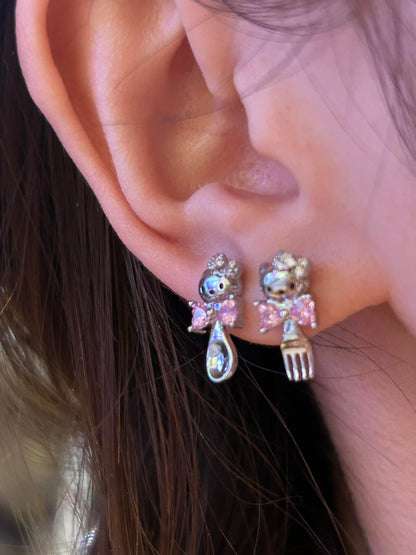 Bow Kitty Fork and Spoon Double Lobe Earring Stack