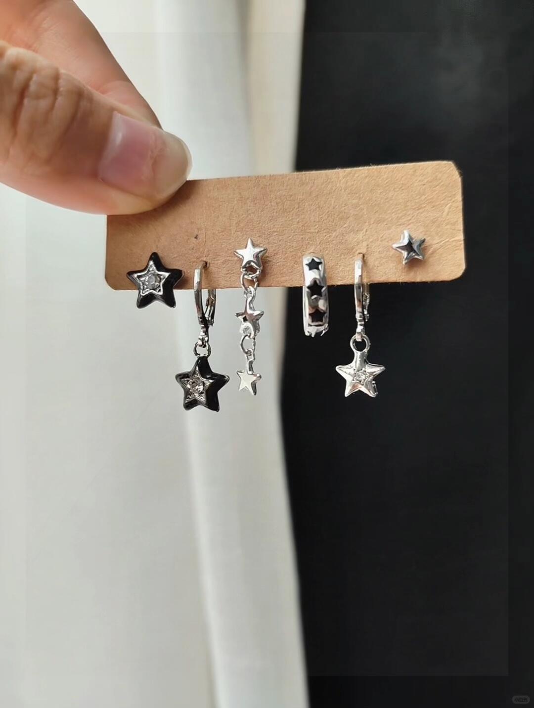 Silver Black Star Charm Huggie Earring Set