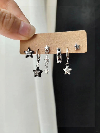 Silver Black Star Charm Huggie Earring Set
