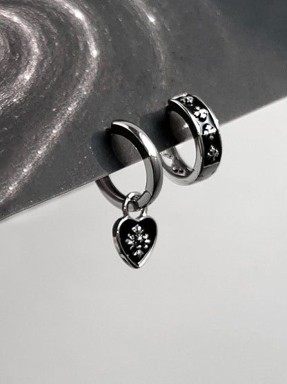 Silver Black Heart and Cross Double Lobe Earring Stack
