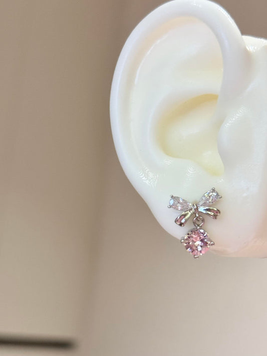 Silver Crystal Bow Pink Drop Earrings