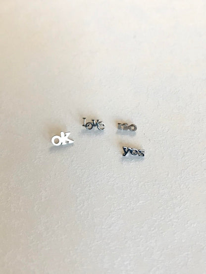 Silver Micro Word Text Stud Earrings