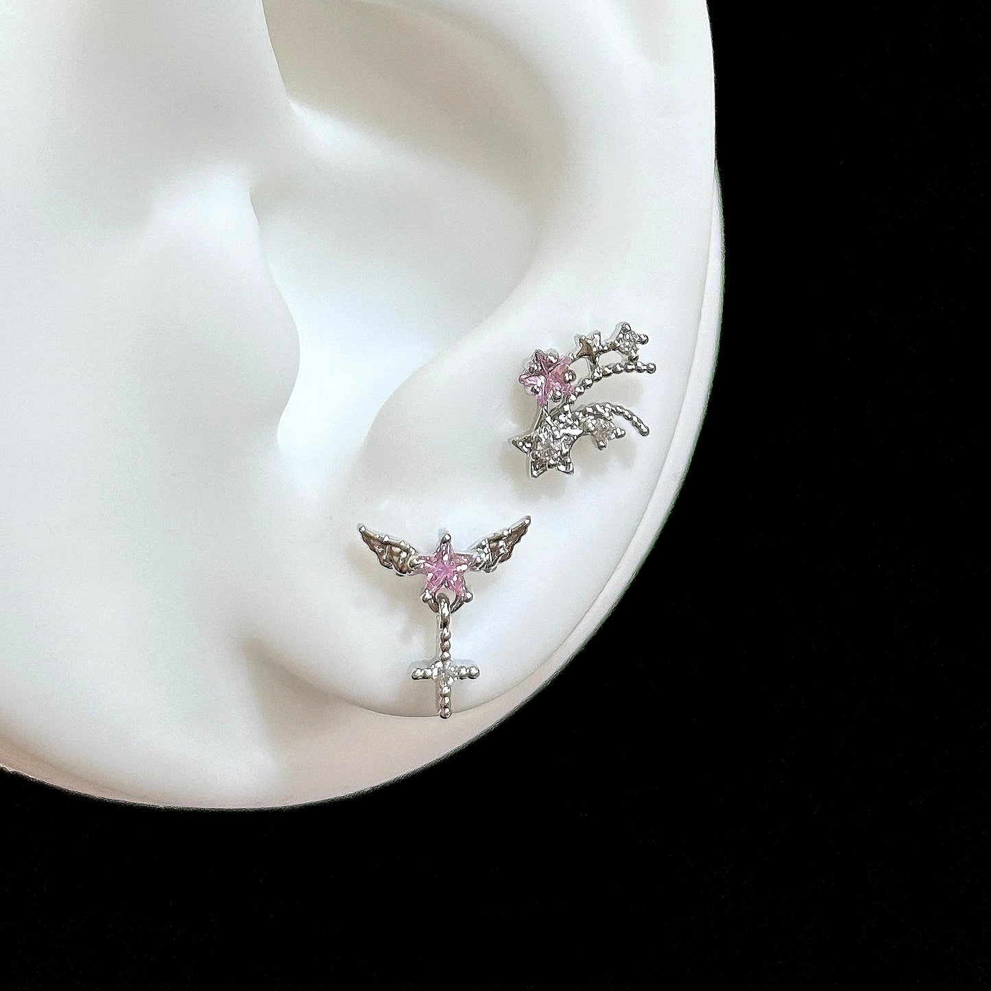 Silver Pink Star Wing and Cross Double Lobe Earring Stack