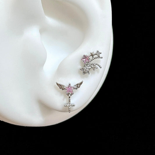 Silver Pink Star Wing and Cross Double Lobe Earring Stack