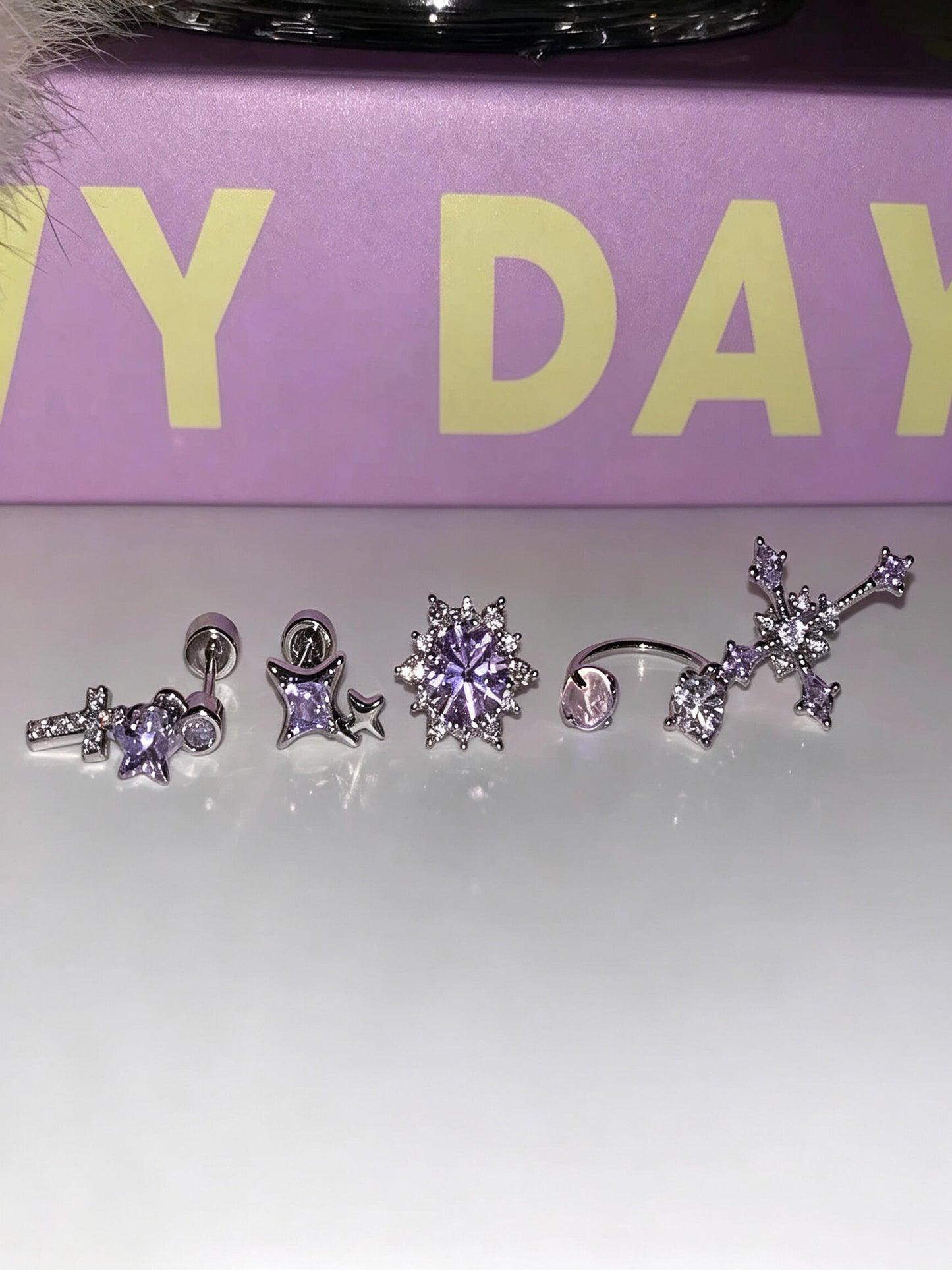 Purple Zircon Cross & Star Earring Set