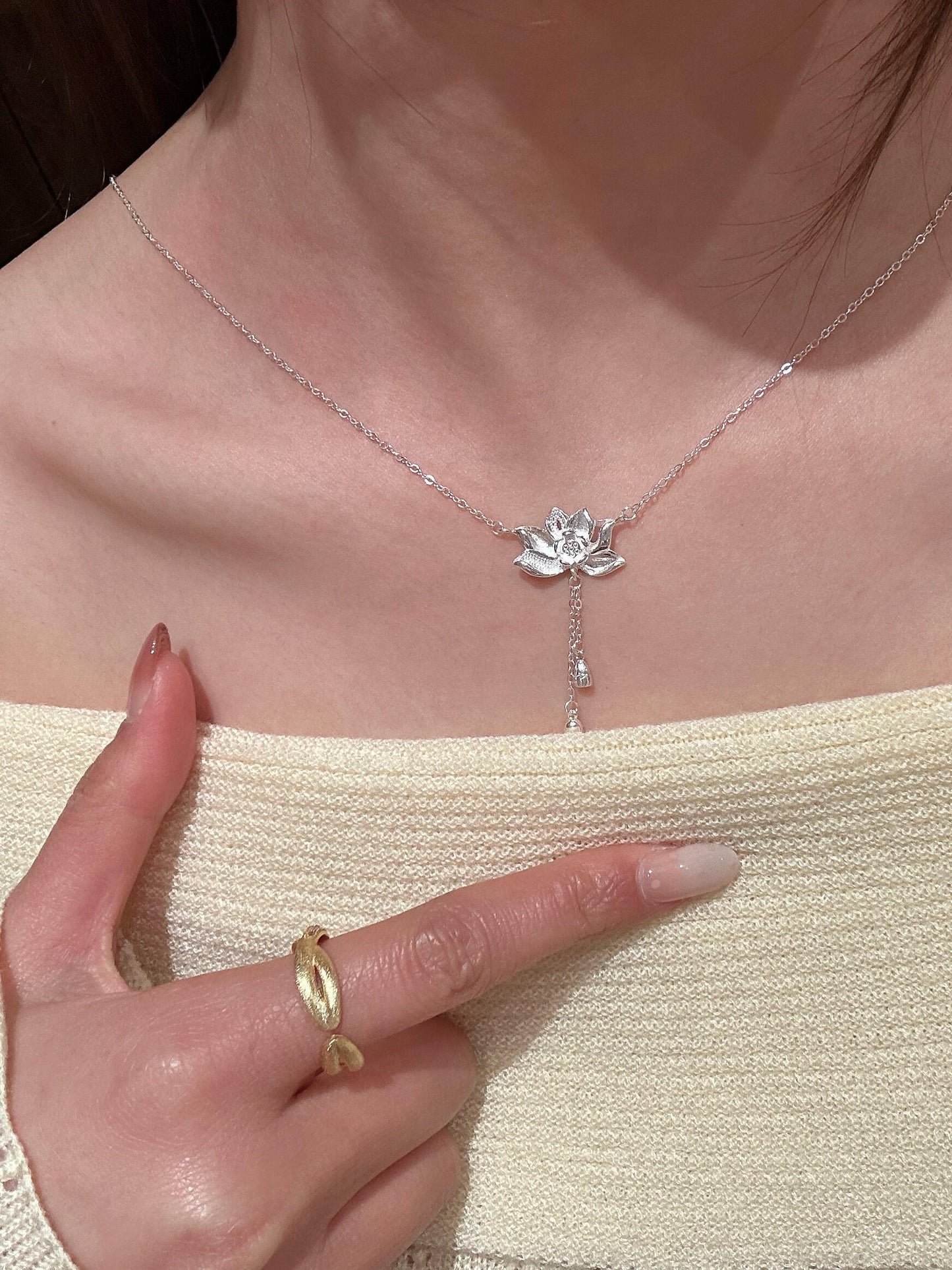 Silver Lotus Drop Necklace