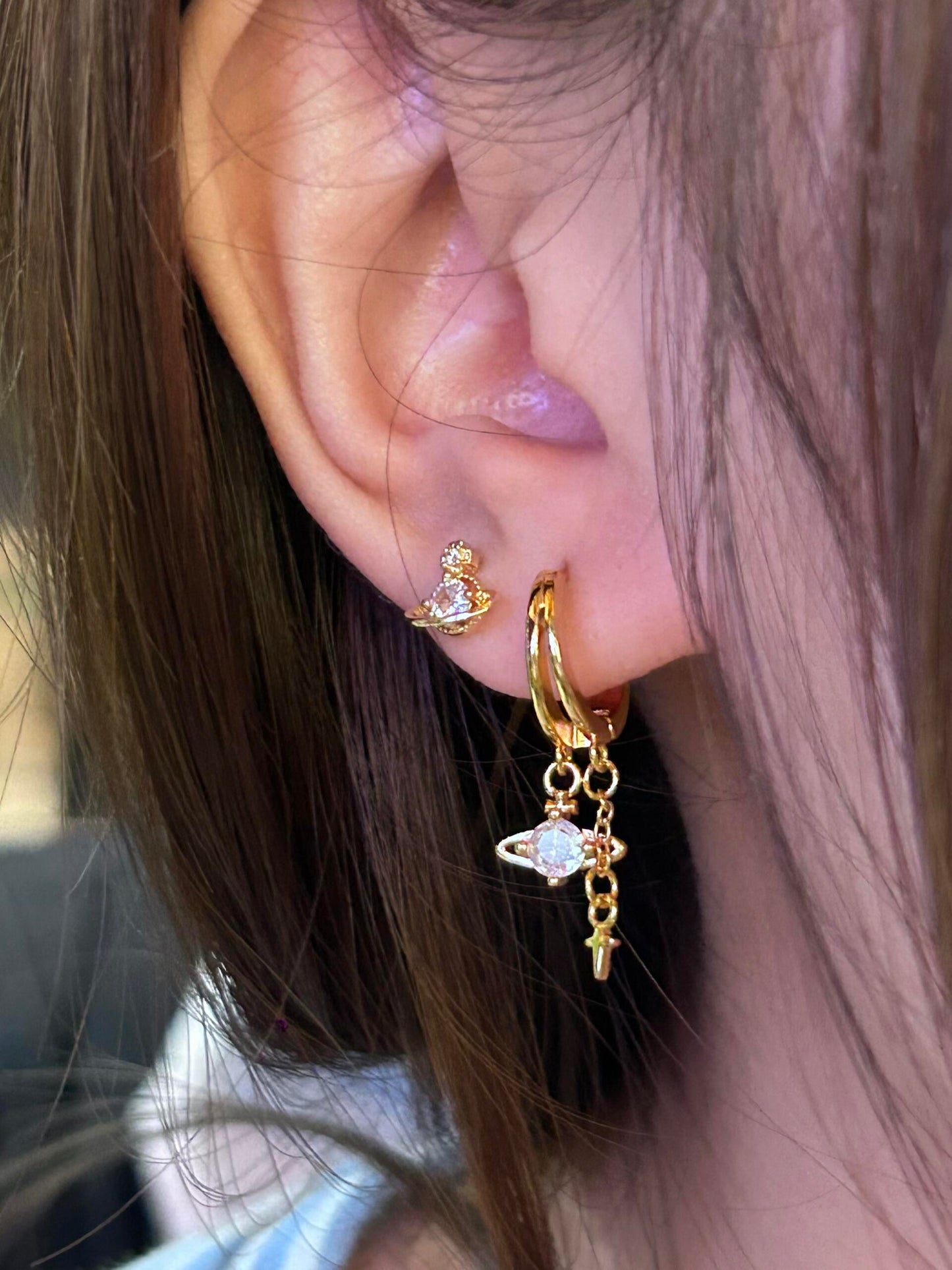 Gold Saturn Duo Double Lobe Earring Stack