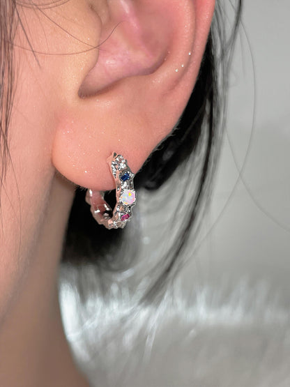 Silver Textured Multi-Stone Hoop Earrings
