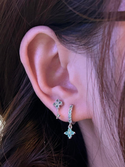 Teal Crystal Key and Flower Charm Earring Stack