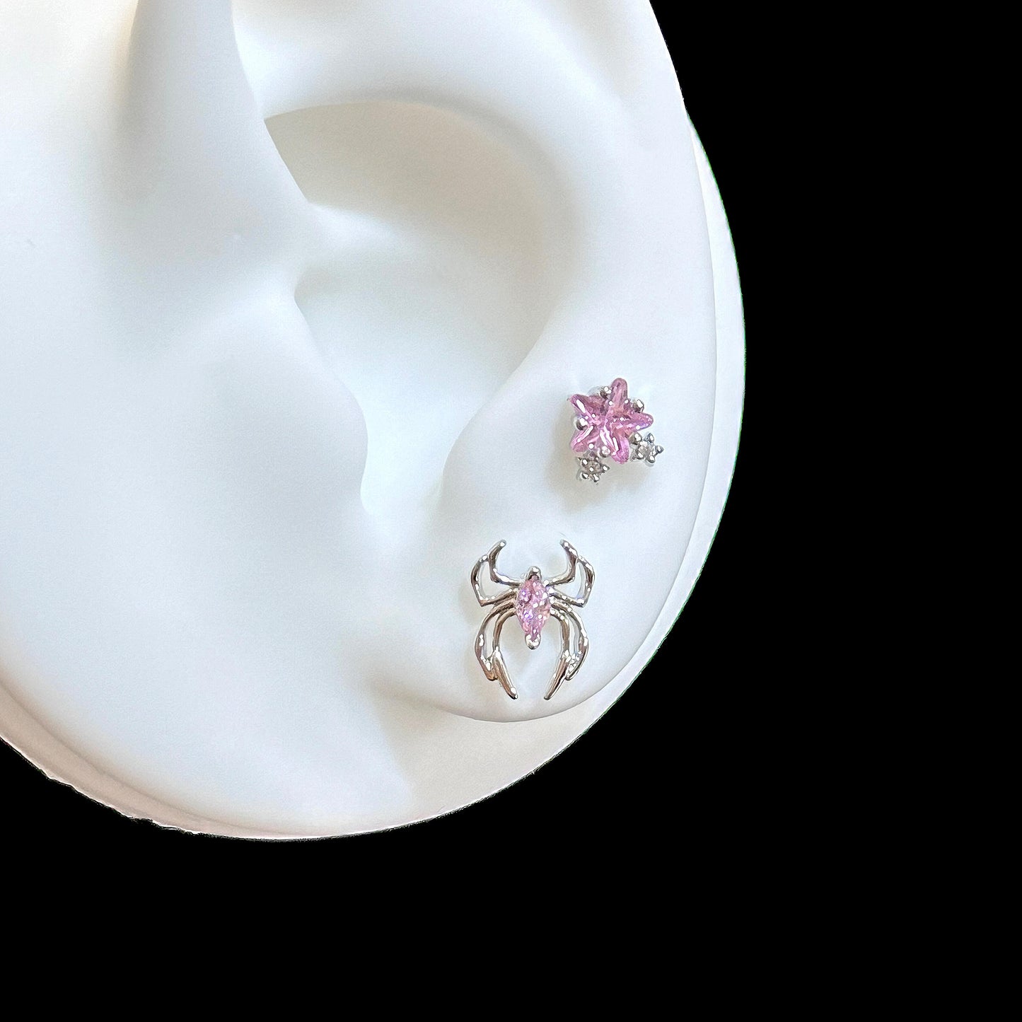 Silver Pink Star and Spider Double Lobe Earring Stack