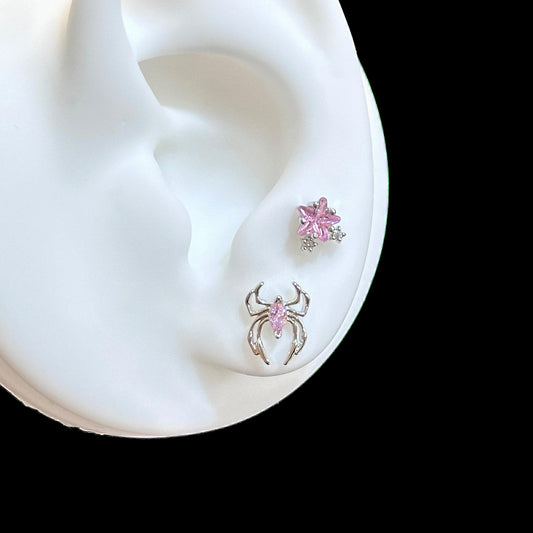 Silver Pink Star and Spider Double Lobe Earring Stack