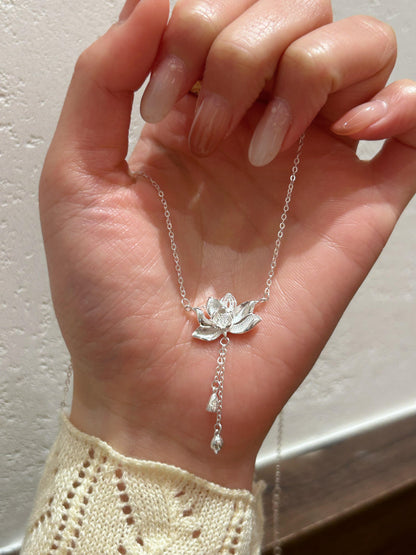Silver Lotus Drop Necklace