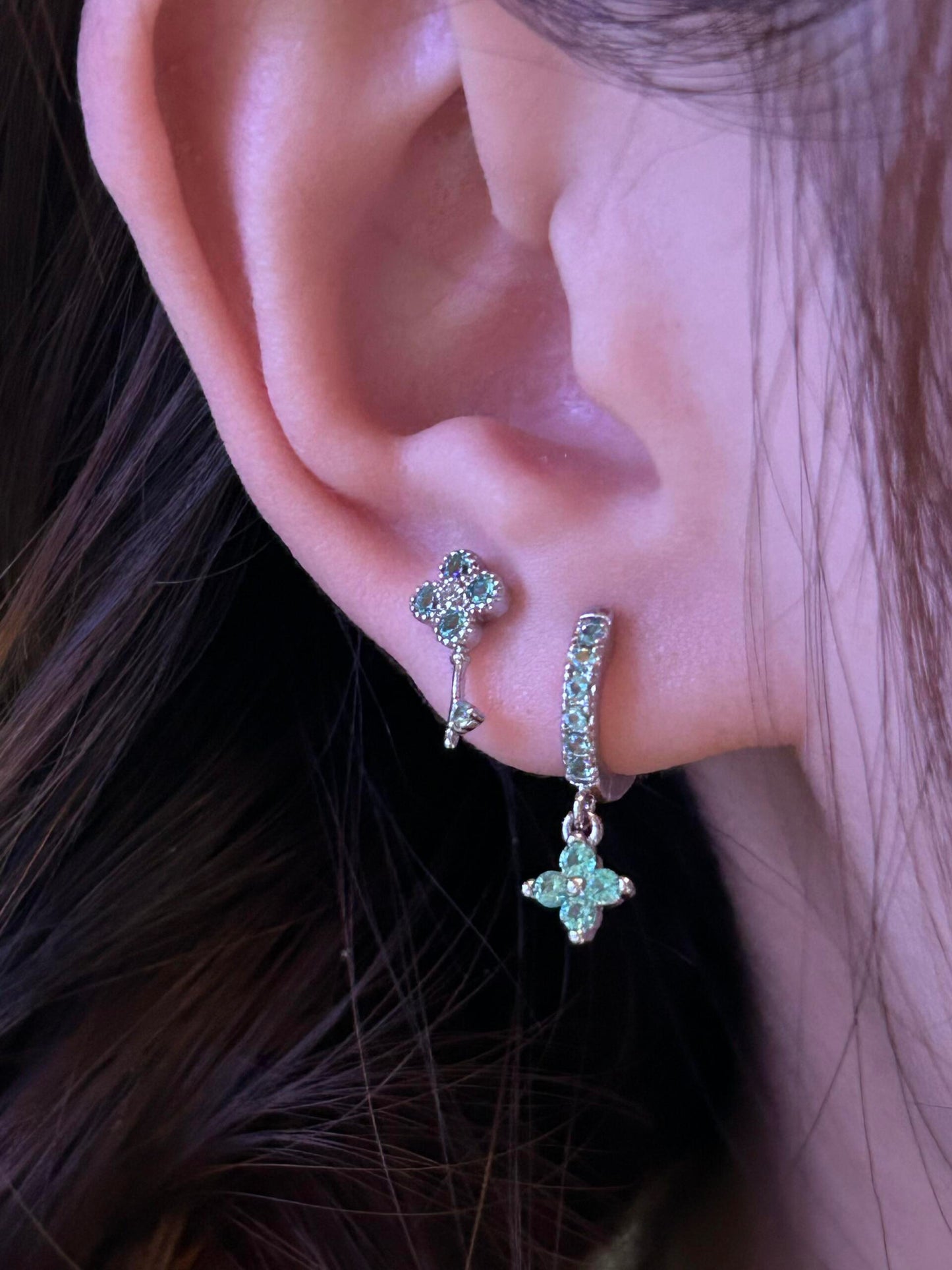 Teal Crystal Key and Flower Charm Earring Stack