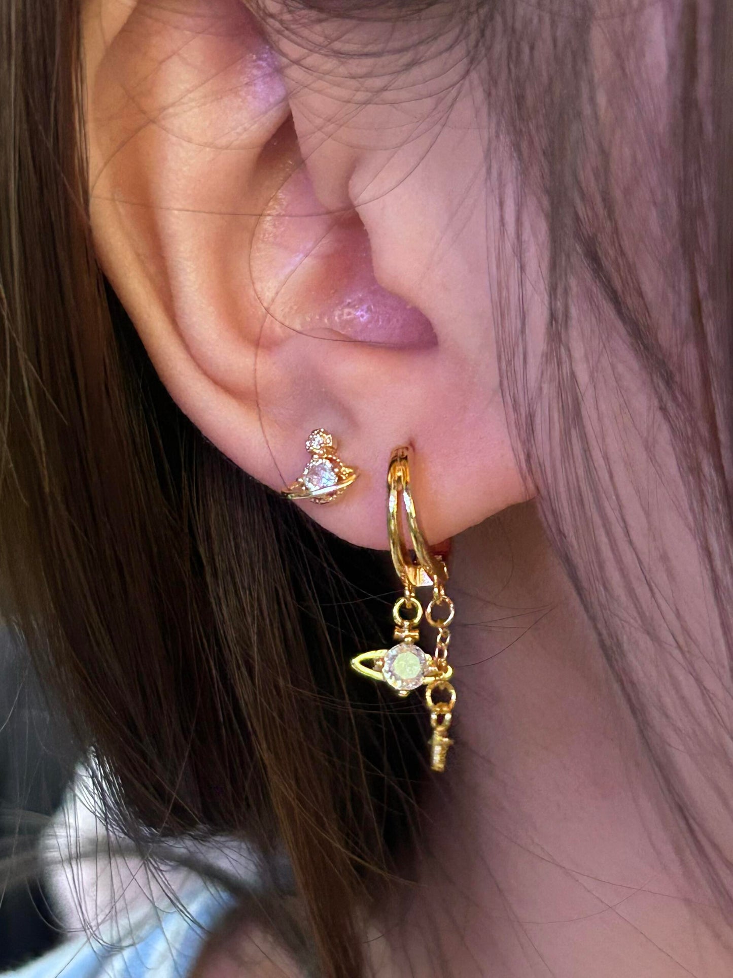 Gold Saturn Duo Double Lobe Earring Stack