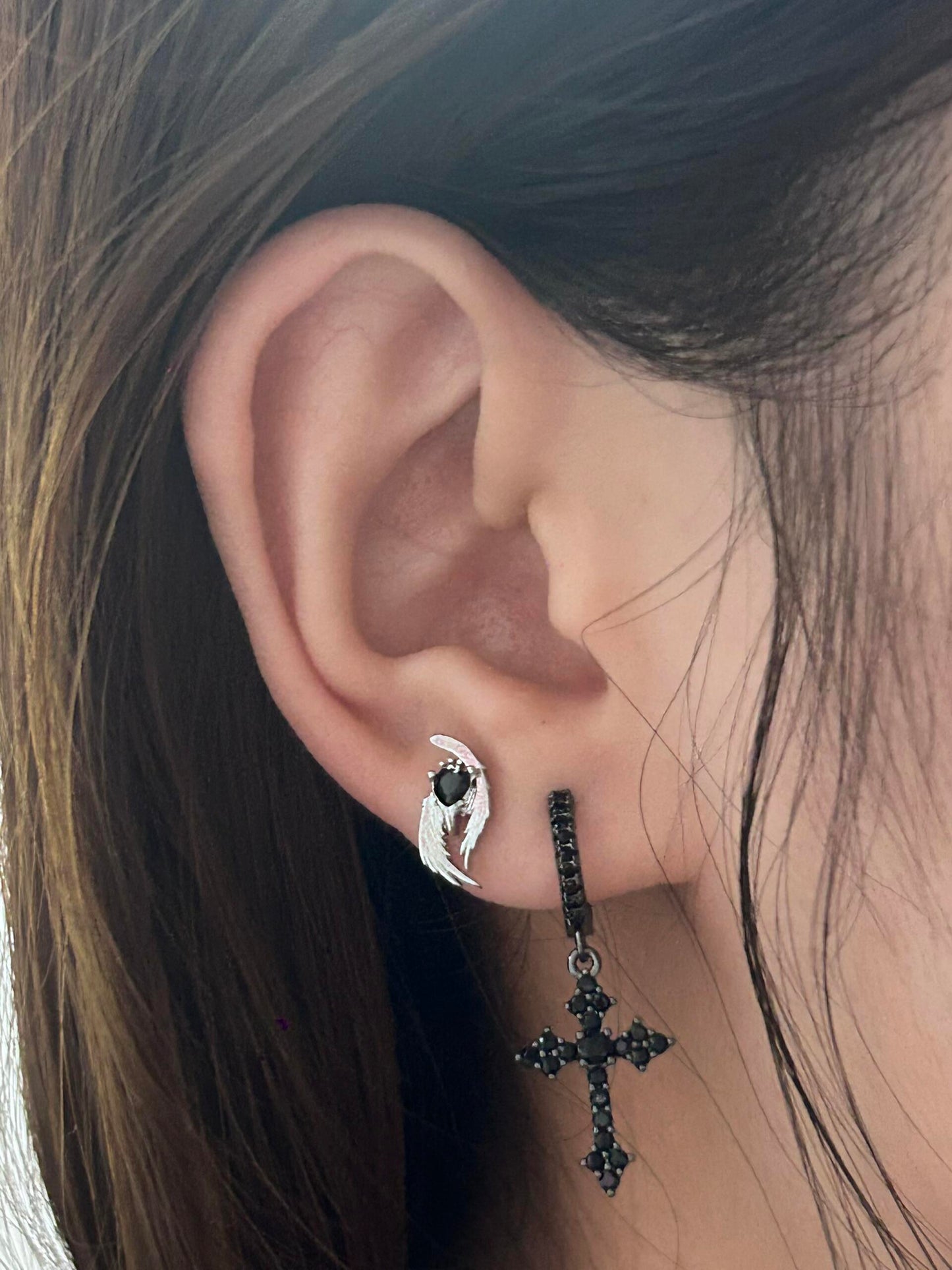 Black Crystal Wing and Cross Earring Set