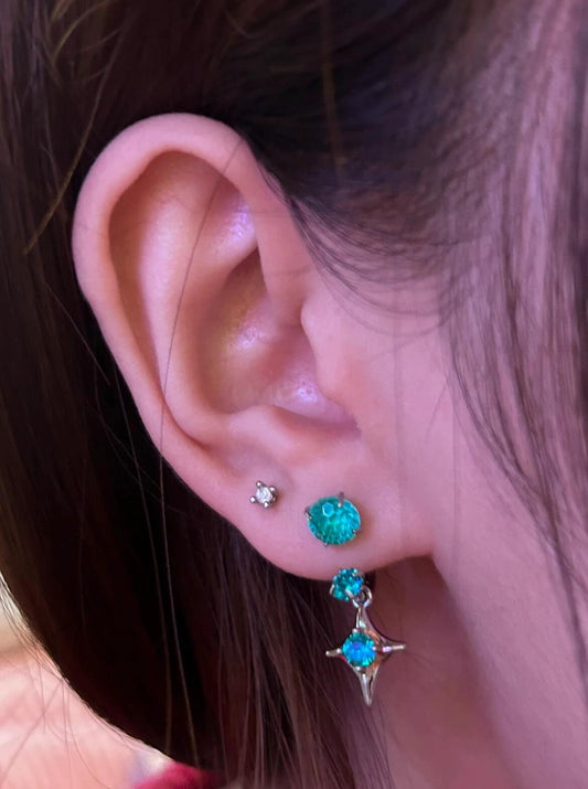 Silver Teal Crystal Star Drop Earring Stack