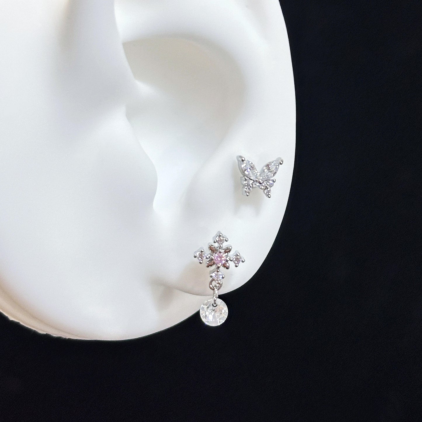 Silver Butterfly and Pink Cross Drop Double Lobe Earring Stack
