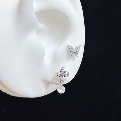 Silver Butterfly and Pink Cross Drop Double Lobe Earring Stack