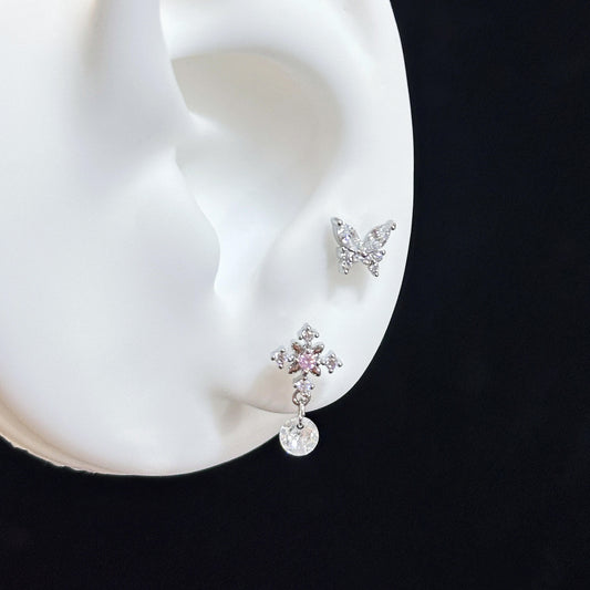 Silver Butterfly and Pink Cross Drop Double Lobe Earring Stack