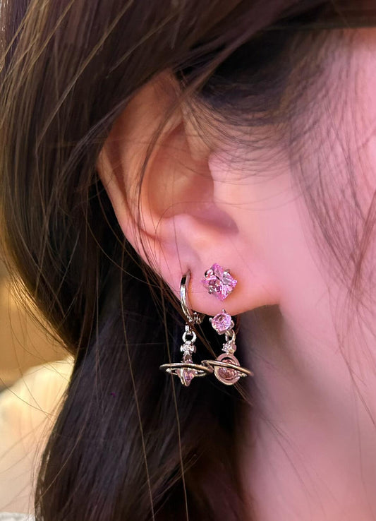 Silver and Pink Crystal Planet Earring Stack