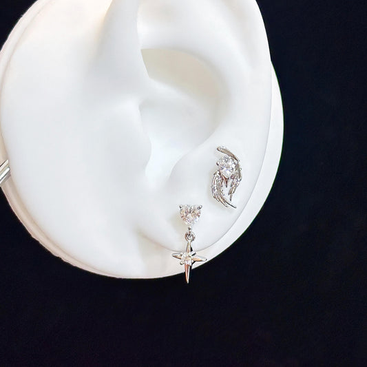 Silver Wing and Heart Star Drop Double Lobe Earring Stack