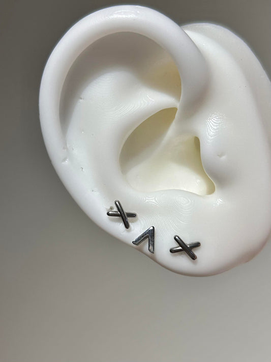 Silver X and Zigzag Triple Lobe Earring Stack