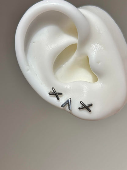 Silver X and Zigzag Triple Lobe Earring Stack