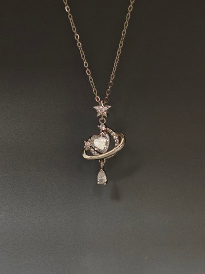 Silver Crystal Heart Planet Necklace