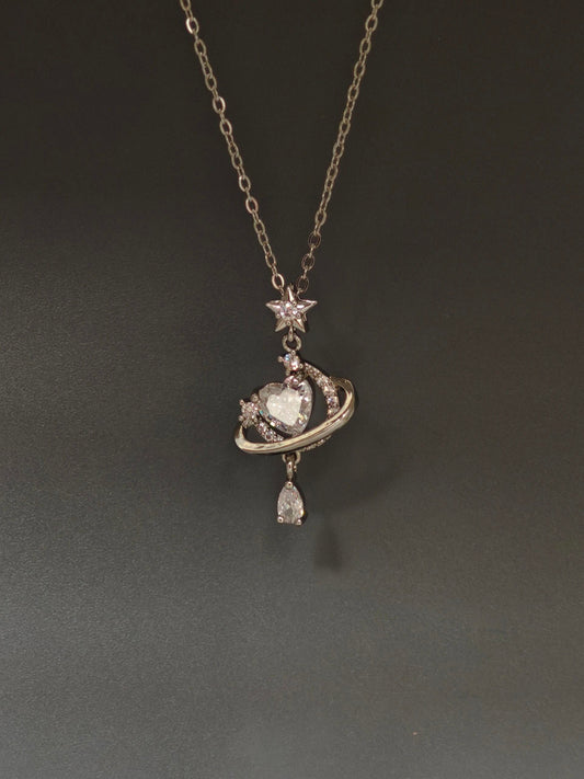 Silver Crystal Heart Planet Necklace