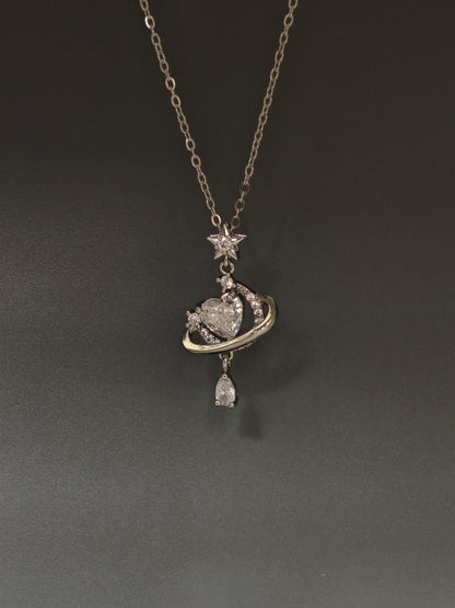 Silver Crystal Heart Planet Necklace